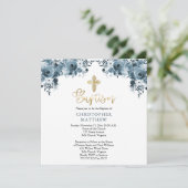 Invitation Aquarelle bleue Floral | Faux Gold Boy Baptism (Debout devant)