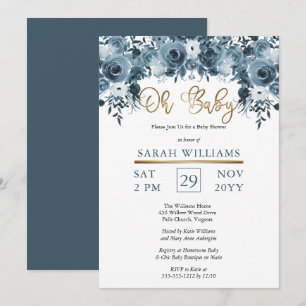 Invitation Aquarelle bleue Floral   Gold Boy Oh Baby shower