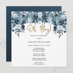 Invitation Aquarelle bleue Floral   Gold Oh Boy Shower