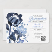 Invitation Aquarelle bleue Floral QR Code Quinceañera (Devant)
