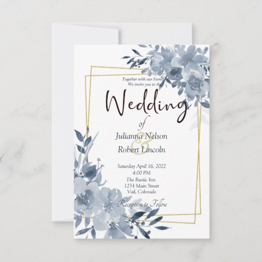 Invitation Aquarelle bleue florale et cadre or mariage invi (Devant)