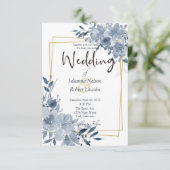 Invitation Aquarelle bleue florale et cadre or mariage invi (Debout devant)