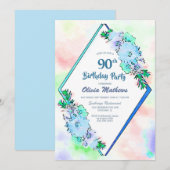 Invitation Aquarelle bleue Florale Géométrique 90e anniversai (Devant / Derrière)