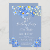 Invitation Aquarelle bleue Forget-Me-Nots 21e fête d'annivers (Devant / Derrière)