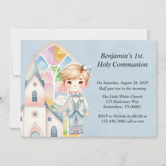 Invitation Aquarelle bleue garçon 1er. Communion (Devant)