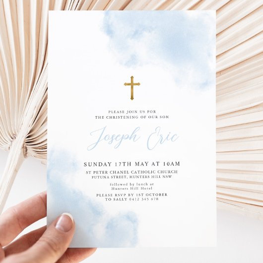 Invitation Aquarelle bleue Garçon Croix d'or Baptême baptême 