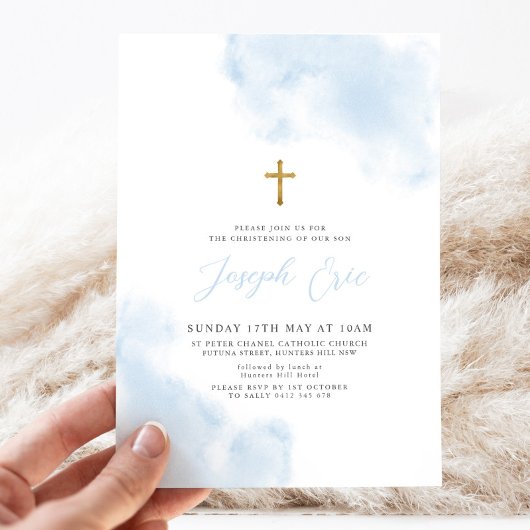 Invitation Aquarelle bleue Garçon Croix d'or Baptême baptême