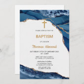Invitation Aquarelle Bleue Garçons Baptême Or (Devant / Derrière)