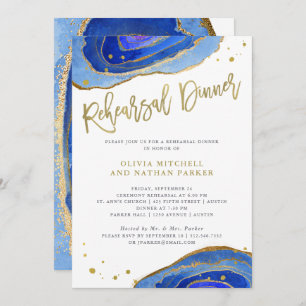 Invitation Aquarelle bleue Geode avec or  Dîner de répétition