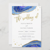 Invitation Aquarelle bleue Geode avec or| Mariage (Devant)