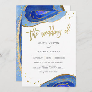 Invitation Aquarelle bleue Geode avec or  Mariage
