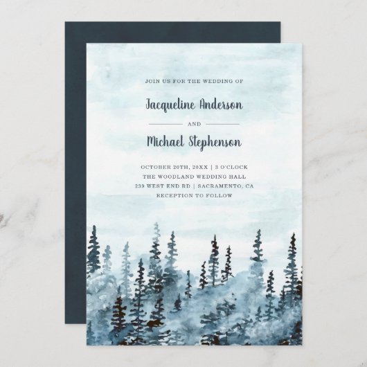 Invitation Aquarelle bleue Hiver Bois Mariage rustique (Devant / Derrière)