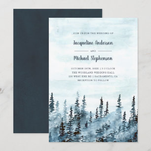 Invitation Aquarelle bleue Hiver Bois Mariage rustique