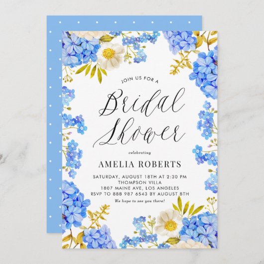 Invitation Aquarelle bleue Hydrangea Fête des mariées florale (Devant / Derrière)