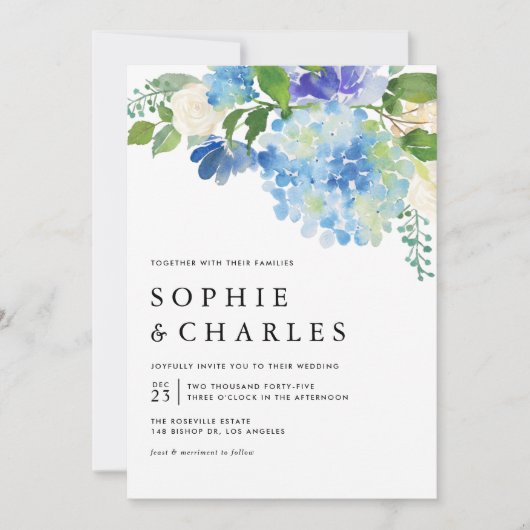Invitation Aquarelle bleue Hydrangea QR Code Mariage (Devant)