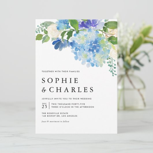 Invitation Aquarelle bleue Hydrangea QR Code Mariage (Debout devant)