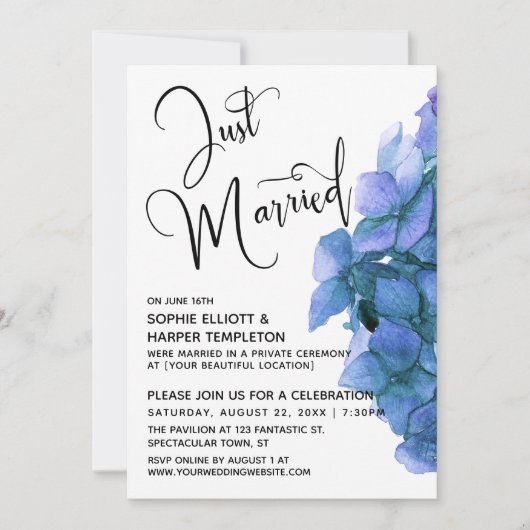 Invitation Aquarelle bleue Hydrangea Réception Mariée (Devant)