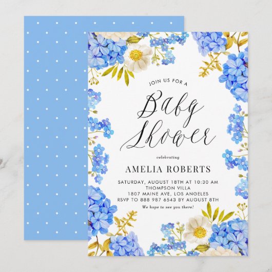 Invitation Aquarelle bleue Hydrangeas Baby shower Floral (Devant / Derrière)