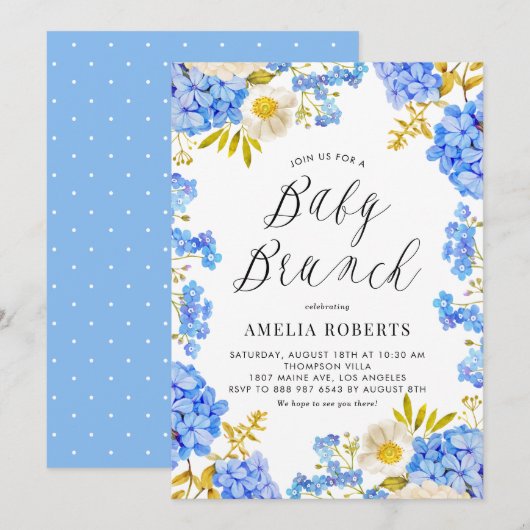 Invitation Aquarelle bleue Hydrangeas Floral Baby Brunch (Devant / Derrière)