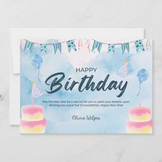Invitation Aquarelle bleue Joyeux anniversaire (Devant)
