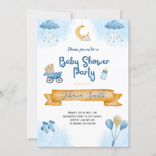Invitation Aquarelle bleue Lune et étoiles Baby shower
