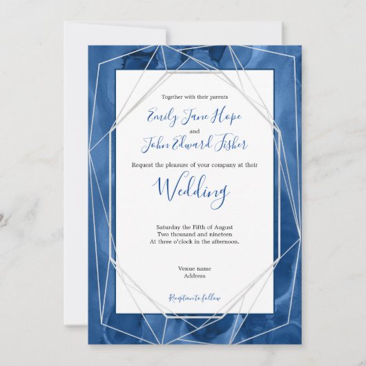 Invitation Aquarelle bleue/Mariage Lignes d'argent géométriqu (Devant)