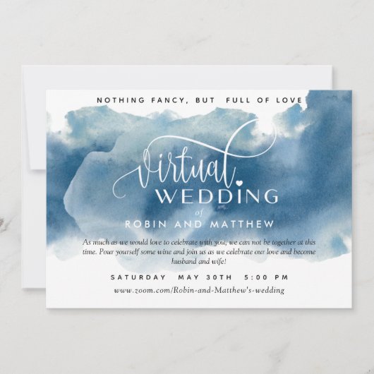 Invitation Aquarelle bleue, Mariage virtuel en ligne (Devant)