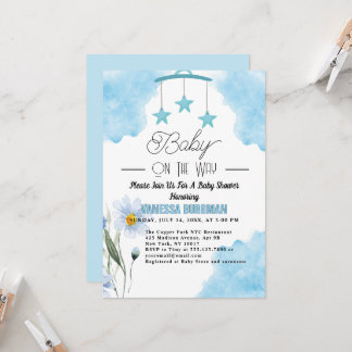 Invitation Aquarelle bleue mignonne et baby shower de fleurs