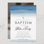 Invitation Aquarelle bleue Minimaliste Garçon Baptême (Devant / Derrière)