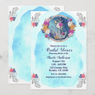 Invitation Aquarelle bleue moderne florale nautique ancre