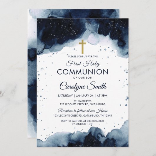 Invitation Aquarelle bleue modifiable Premier Garçon de Commu (Devant / Derrière)