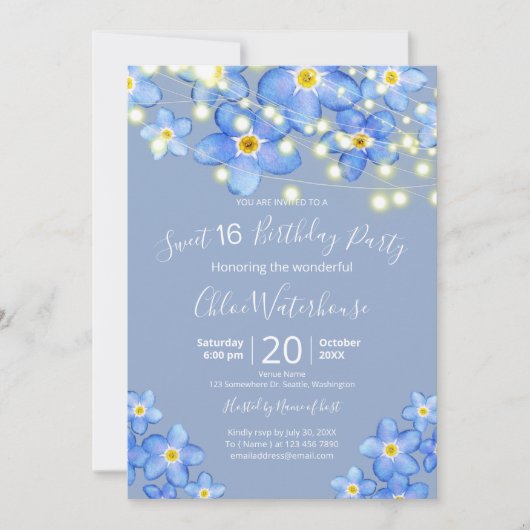 Invitation Aquarelle bleue Oubliez-moi non doux 16 Anniversai (Devant)
