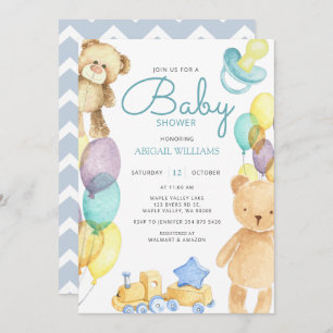 Invitation Aquarelle Bleue Ours Bleu & Balloon - Baby shower