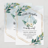 Invitation Aquarelle bleue pastel verdure petit citrouille (Devant / Derrière)