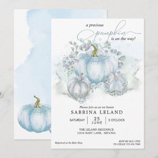 Invitation Aquarelle bleue Petit Baby shower garçon Citrouill (Devant / Derrière)