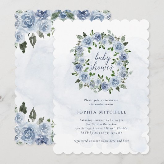 Invitation Aquarelle Bleue Plutôt Dusty Fleurs | Baby shower (Devant / Derrière)