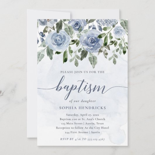Invitation Aquarelle Bleue Plutôt Dusty Fleurs | Baptême (Devant)