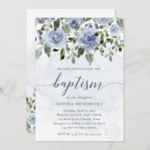Invitation Aquarelle Bleue Plutôt Dusty Fleurs | Baptême (Devant / Derrière)