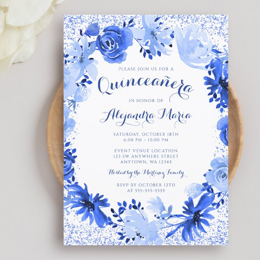 Invitation Aquarelle bleue royale Quinceanera