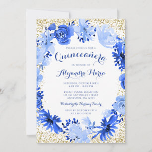 Invitation Aquarelle bleue royale Quinceanera or Floral