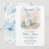 Invitation Aquarelle bleue Sip et voir l'invitation (Devant / Derrière)