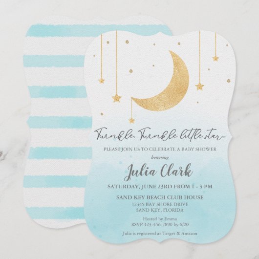 Invitation Aquarelle bleue Twinkle Twinkle Little Star Douche (Devant / Derrière)
