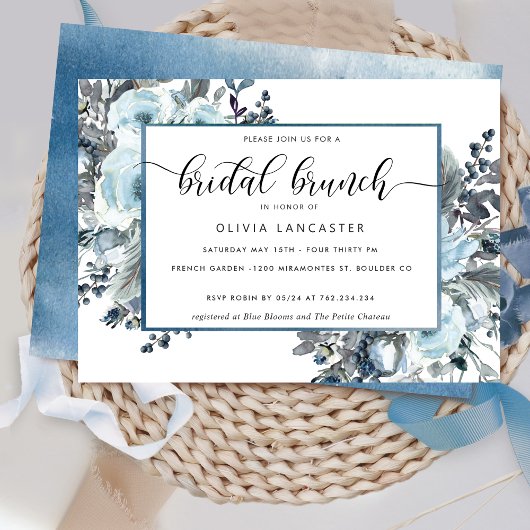 Invitation Aquarelle bleue unique, Brunch nuptial floral bleu