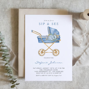 Invitation Aquarelle bleue Vintage poussette bébé Sip et voir
