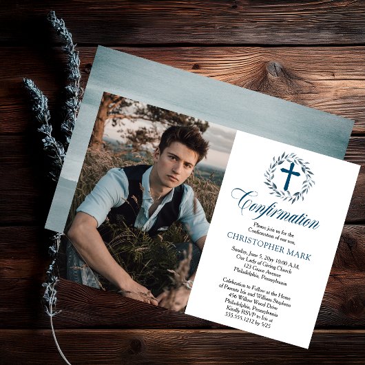Invitation Aquarelle bleue Wreath Boy Photo Confirmation