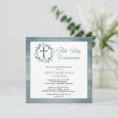 Invitation Aquarelle bleue Wreath Boy Première Communion sain (Debout devant)