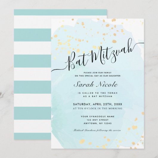 Invitation Aquarelle bleue x Bat mitzvah plaquettes or (Devant / Derrière)