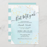 Invitation Aquarelle bleue x Bat mitzvah plaquettes or<br><div class="desc">Cette invitation Bat mitzvah élégante et élégante présente un arrière - plan bleu turquoise clair dans l'aquarelle avec de faux éclaboussures d'or et des lettres en noir. Au verso, un arrière - plan blanc aux rayures bleues turquoise. Personnalisez-le selon vos besoins. Vous pouvez trouver des produits correspondants dans mon magasin....</div>