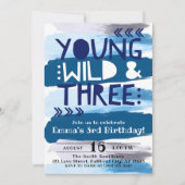 Invitation Aquarelle bleue Young Wild & Three 3e anniversaire (Devant)