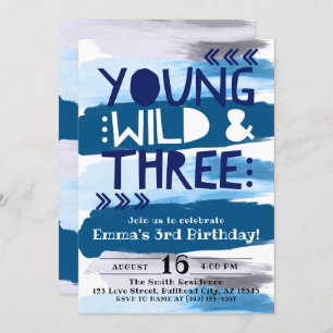 Invitation Aquarelle bleue Young Wild & Three 3e anniversaire